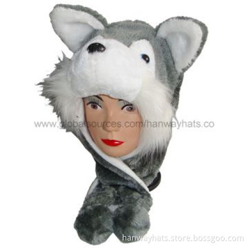 Wolf Winter Hats with White Opening Trooper, Fake Fur and Fleece Lining, Two Round Ears